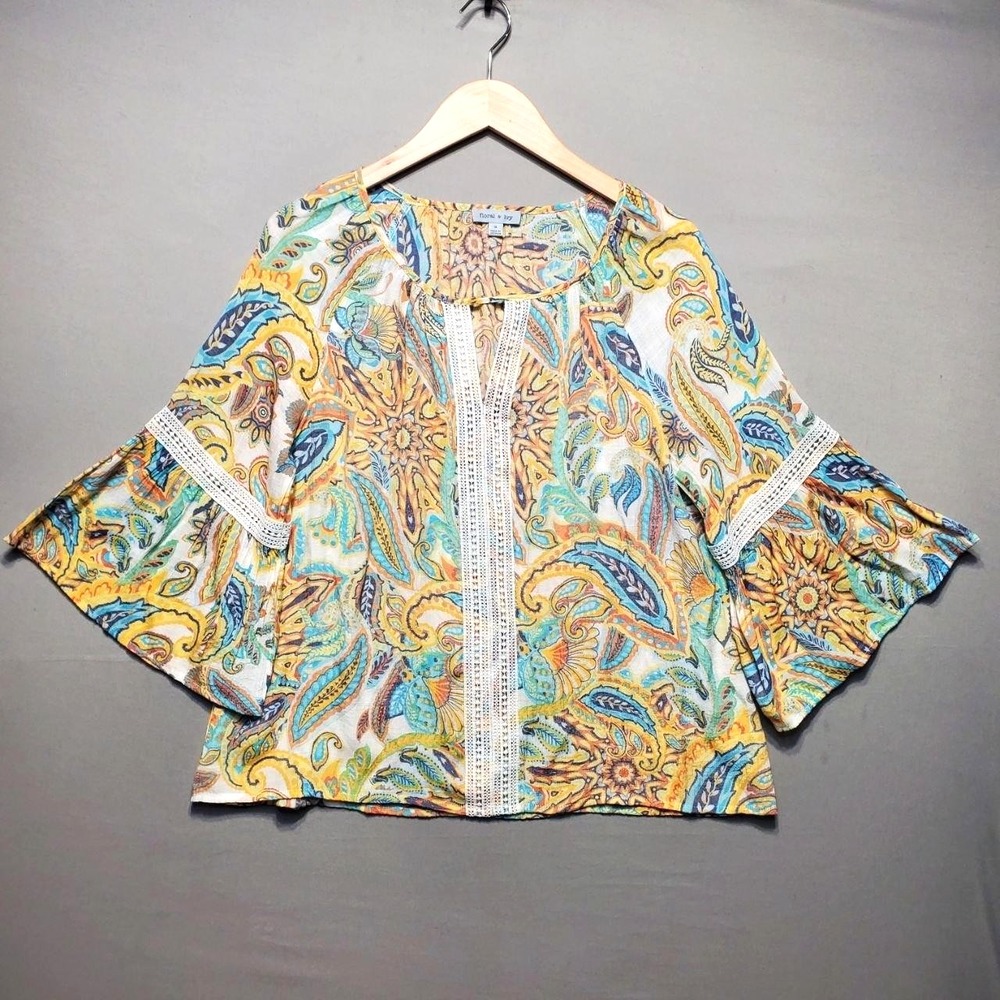 Floral & Ivy Paisley Crochet Blouse Womens Small Blue Bell Sleeve Boho Festival